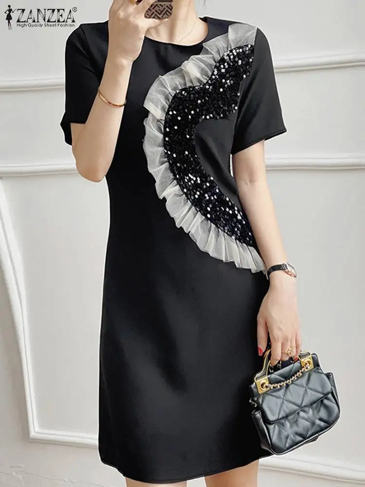 

Платье ZANZEA женское с коротким рукавом, модный элегантный офисный сарафан с оборками, праздничное платье с блестками, кафтан, лето