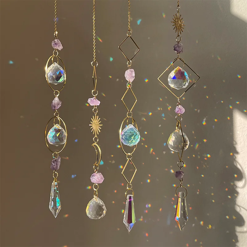 Golden Hanging Crystal Pendant Garden Suncatcher Rainbow Prism Wind Chimes Crystal Chain for Window Christmas Tree Home Decor