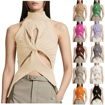 여성용 섹시한 조끼, 할로우 아웃 킹크, 하프 하이 넥, 불규칙한 니트 랩 크롭 조끼, 민소매 단색 조끼, 스트리트웨어