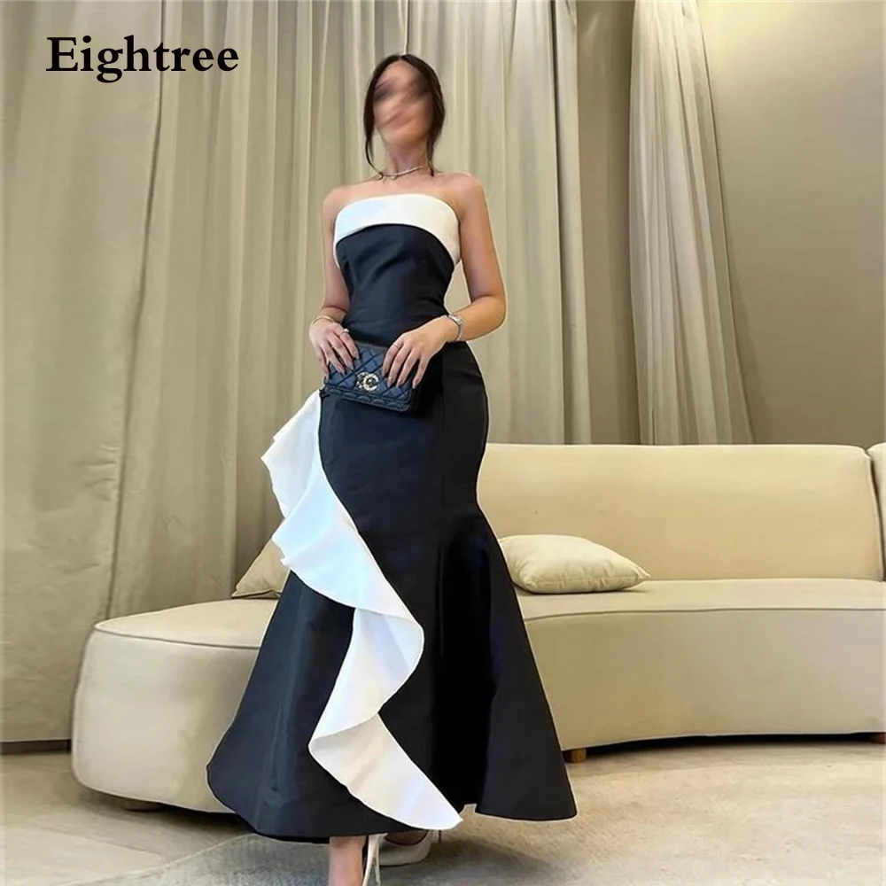 

Eightree Saudi Arabia Black Party Dresses 2022 Strapless Ruffers Stain Vintage Backless Long Evening Dresses Robes De Soirée