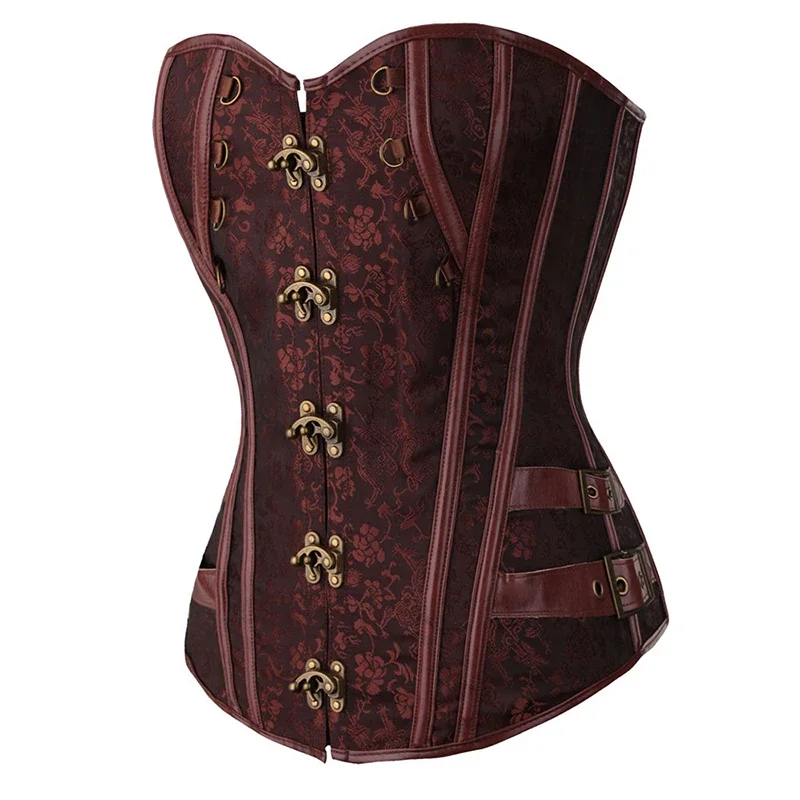 Gothic Corset Top for Women Steampunk Jacquard Pirate Faux Leather Basque Cosplay Halloween Costume