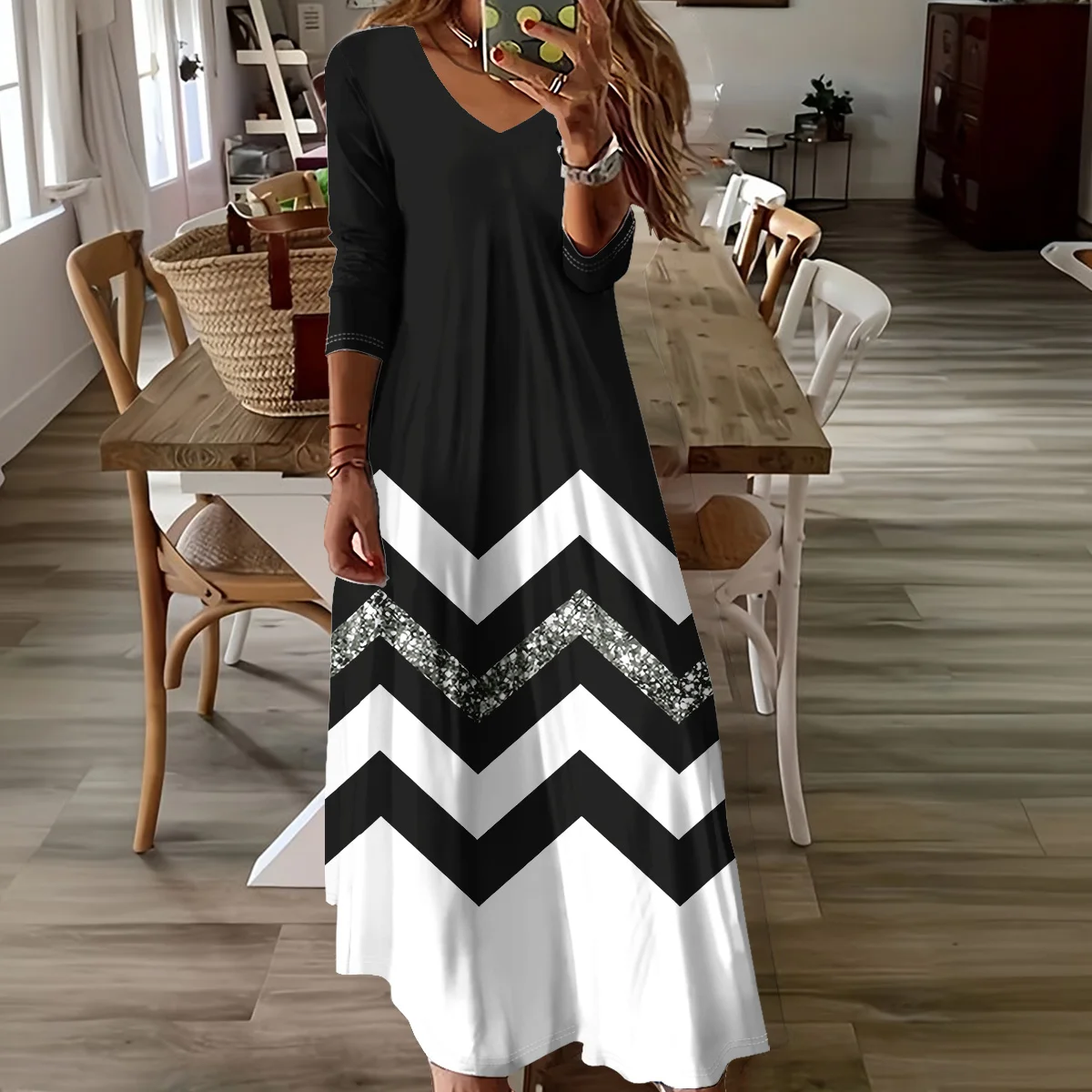 فستان نسائي مطبوع برقبة على شكل حرف V على الموضة الأوروبية والأمريكية لعام 2025