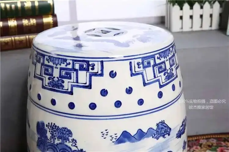 White Porcelain and Drawn Blue Shoe Hand Changing Stool Ceramic Drum Bathroom Neoclassical Imitation Sitting Stool Low Round
