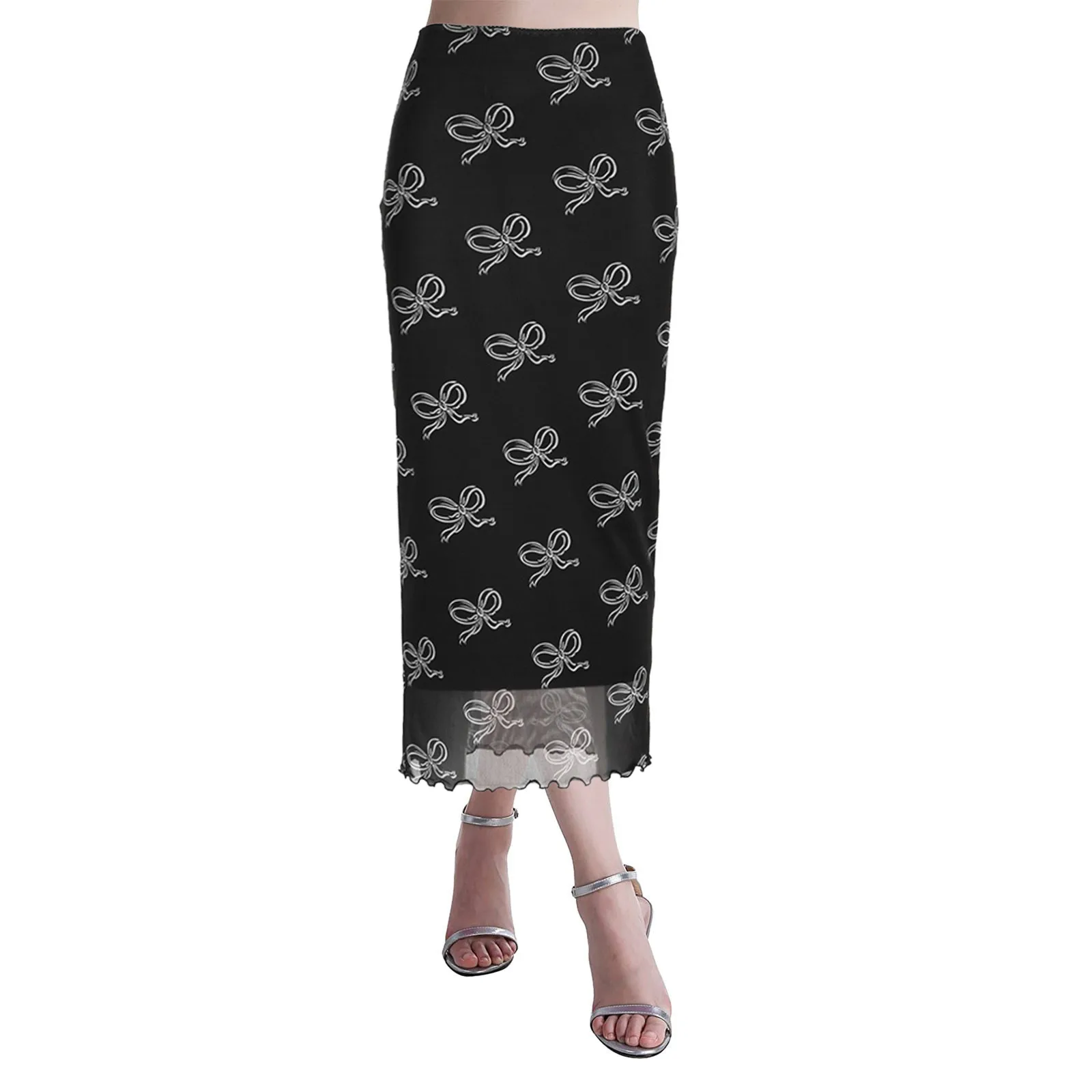 

Ladies Bow Printed Mesh Double Layer Sweet Low Waist Hip Skirt Long Knee Length Skirts for Women Women Skirts Bed Skirt Twin Bed