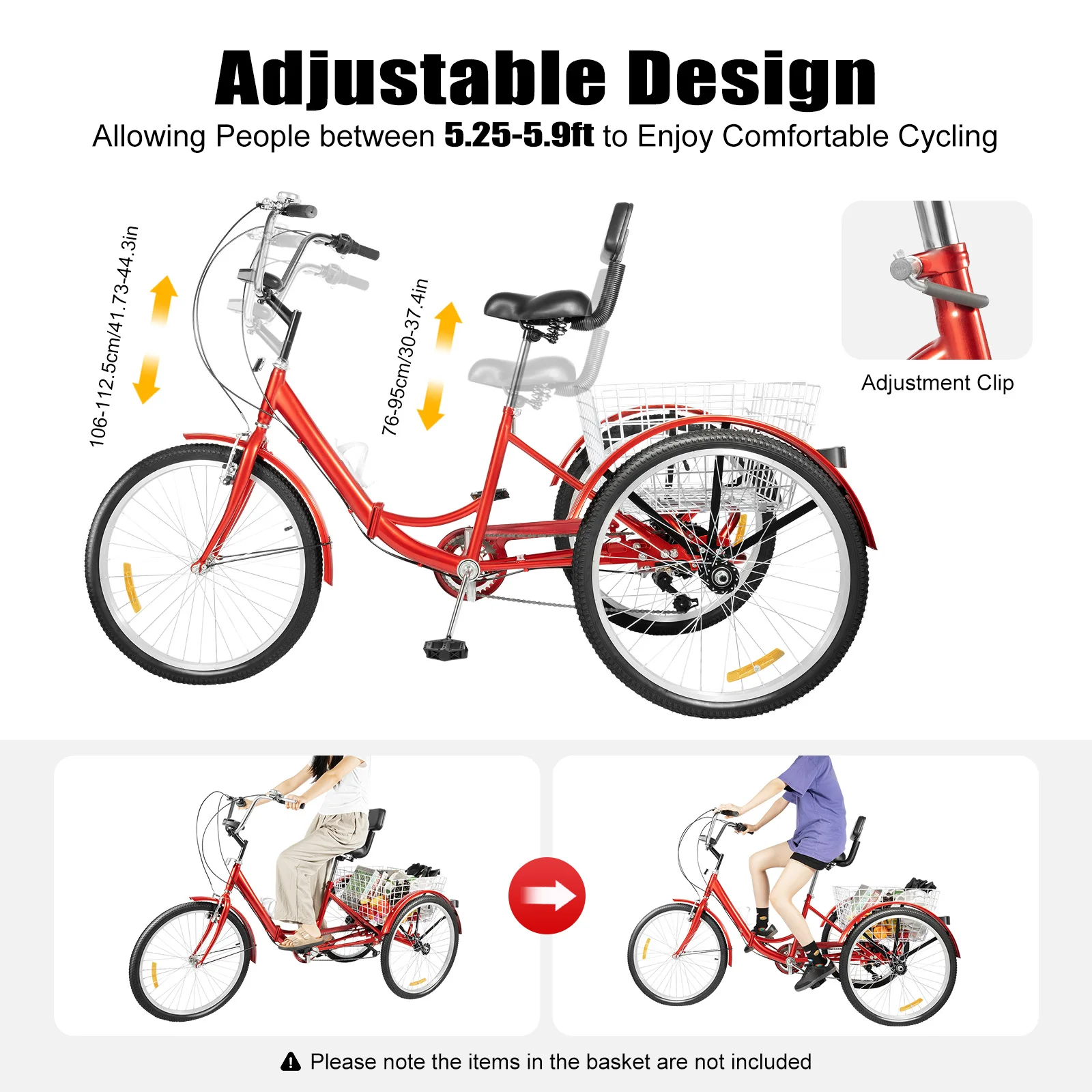 Triciclo Adulti 24 Pollici Pieghevole - 7 Marce, Con Cesto E Schienale, Portata 120kg