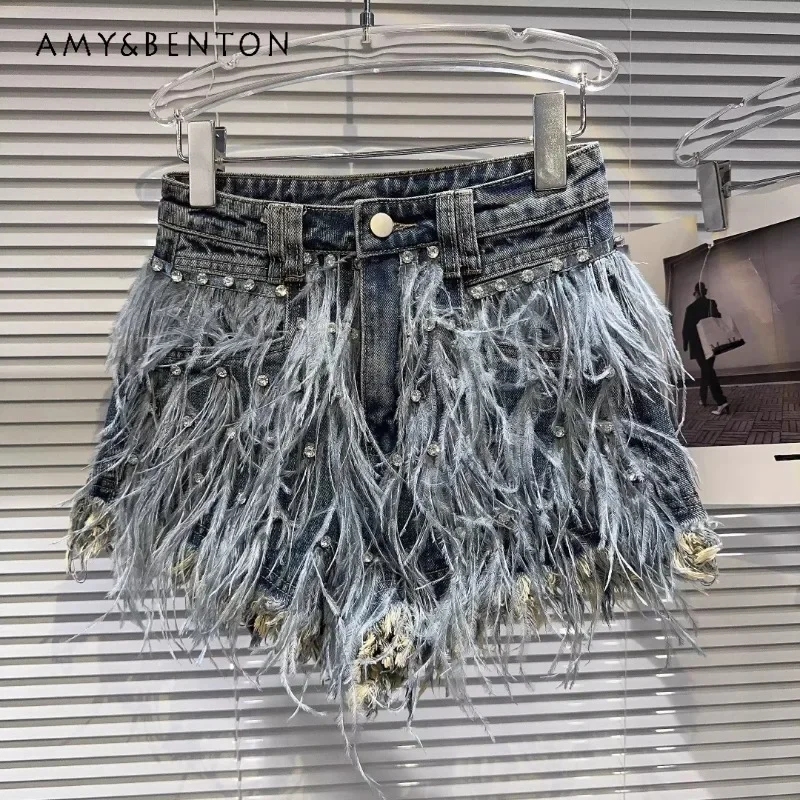 2023-autumn-new-style-streetwear-hot-girl-rhinestone-beaded-feather-tassel-three-point-denim-shorts-fashion-high-waisted-jeans