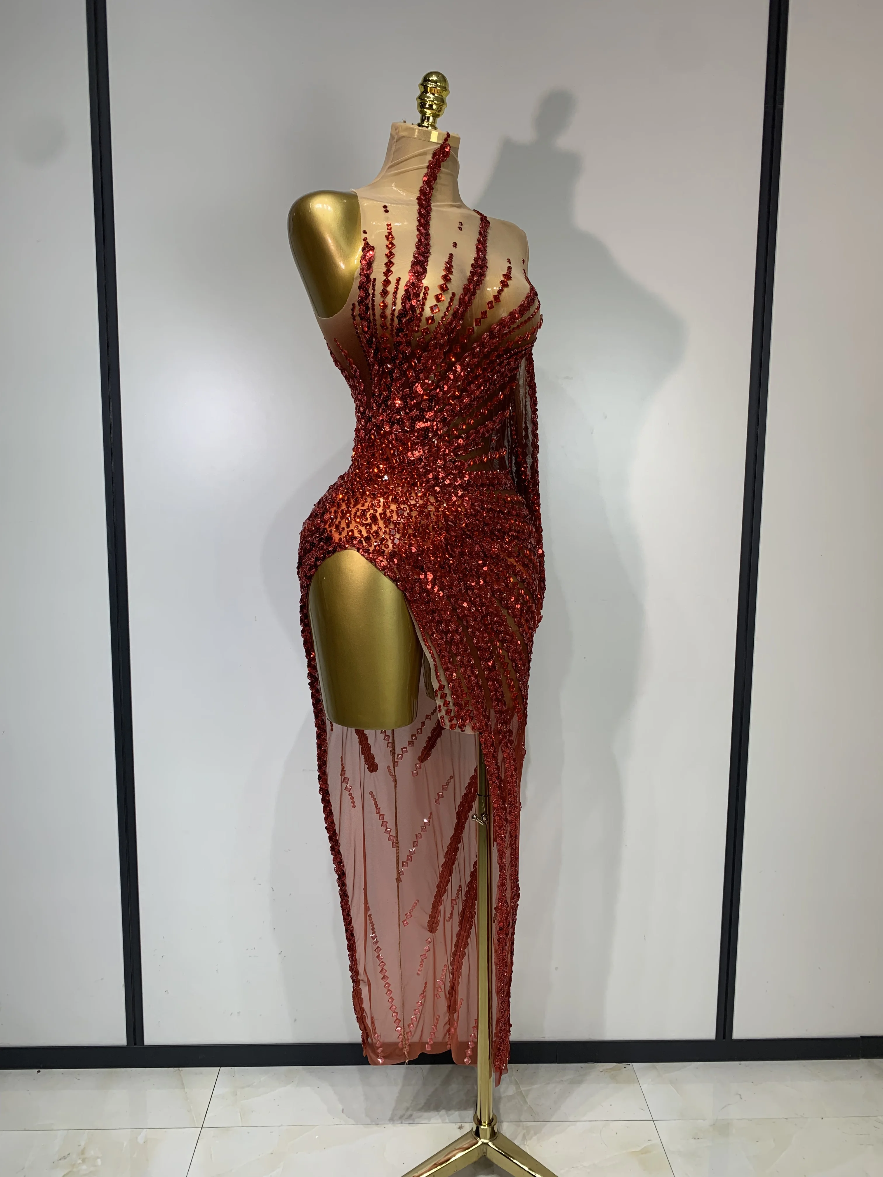 Sexy Red Mesh See Through Diamonds Sequins Dress Luxury Birthday Evening Party Costume Bar Nightclub Stage Performance Outfit