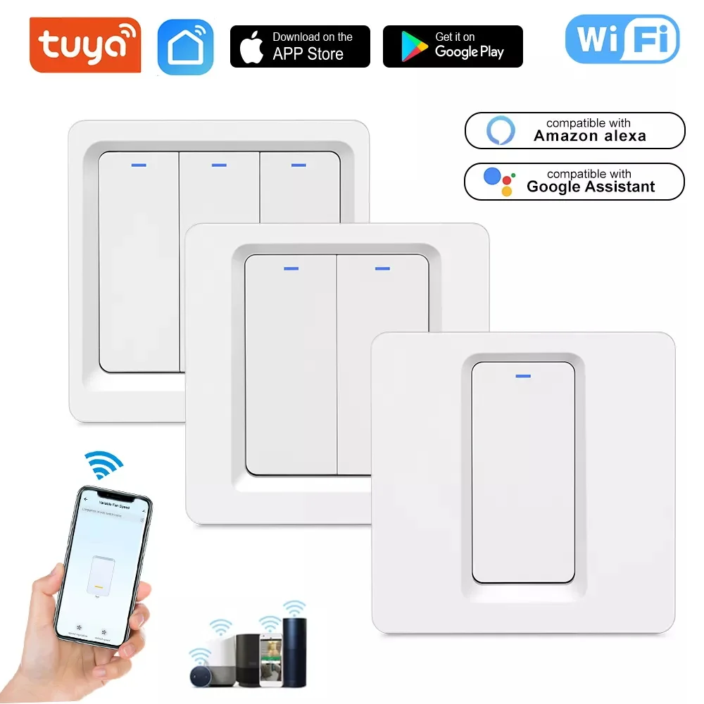 

Tuya Wifi Smart Switch 1 2 3 Gang White Push Botton Light Switch Key Alexa Google Home Voice Control Neutral Needed