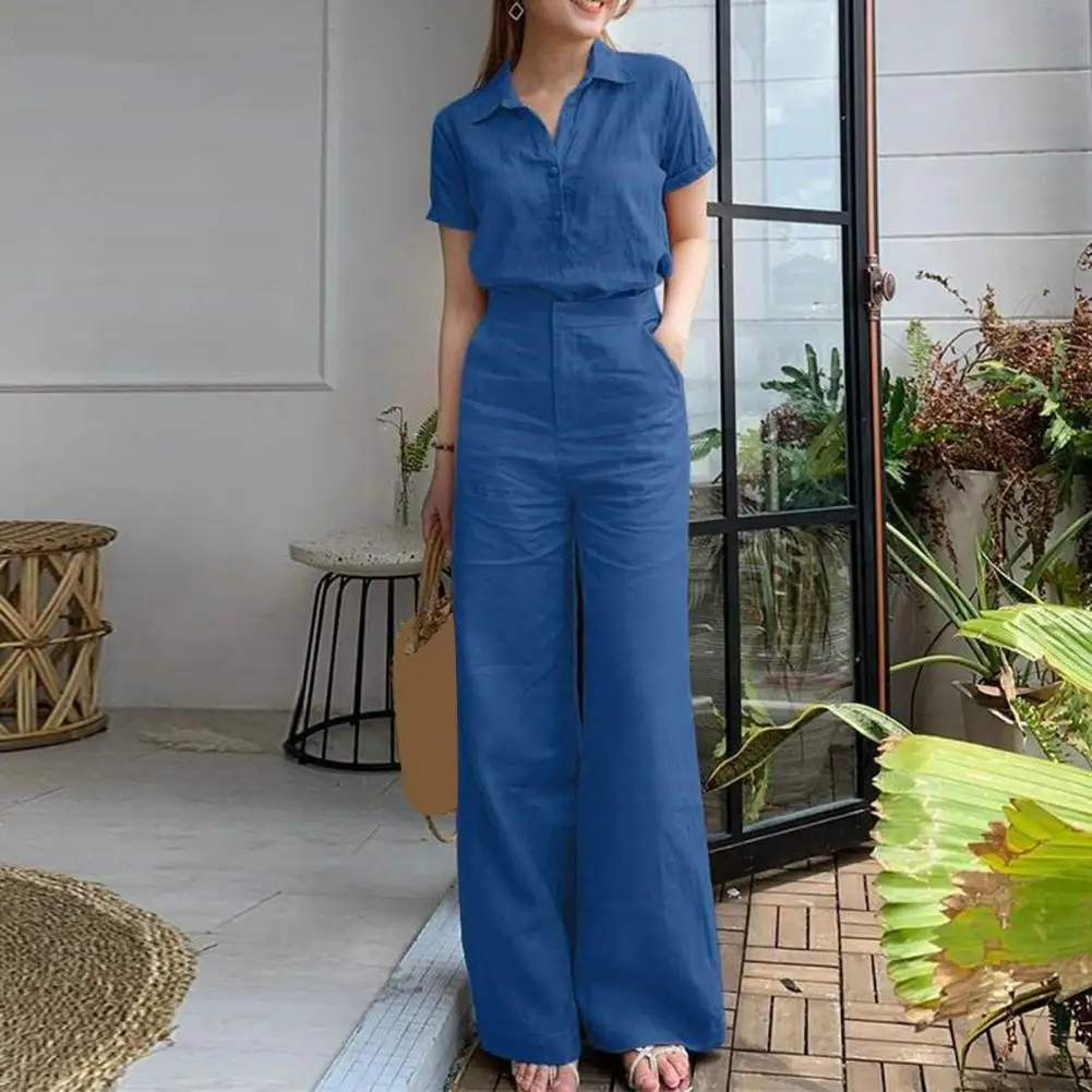 2023 autumn oversize women s long rompers black pockets sleeveless loose rompers female new casual elegant trendy ladies clothes Women Two-piece Suit Women's Lapel Shirt Wide Leg Pants Set With High Waist Pockets Short Sleeve Single-breasted Suit For Ladies