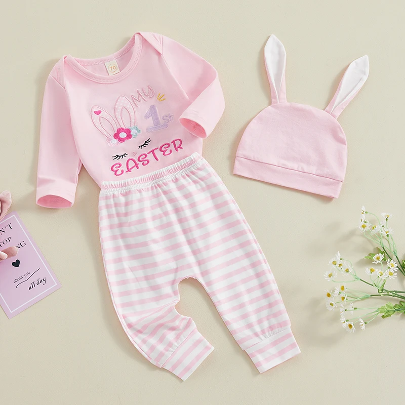 

Newborn Baby Girl Easter Outfit My 1st Easter Romper Bunny Stripe Long Pants Rabbit Hat Clothes Set 0-12M