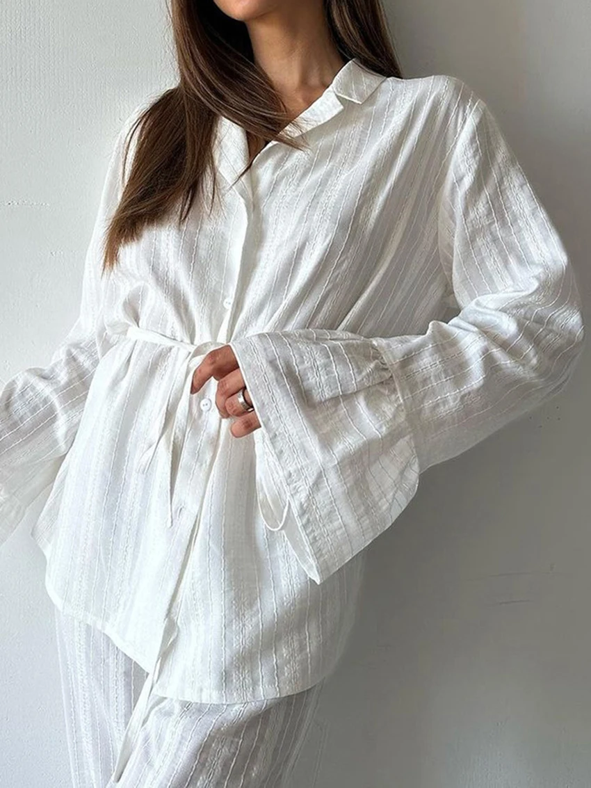 Marthaqiqi Casual Women'S Sleepwear Set Long Sleeve Nightwear Turn-Down Collar Pajama Pants Loose Ladies Nightgowns 2 Piece Suit