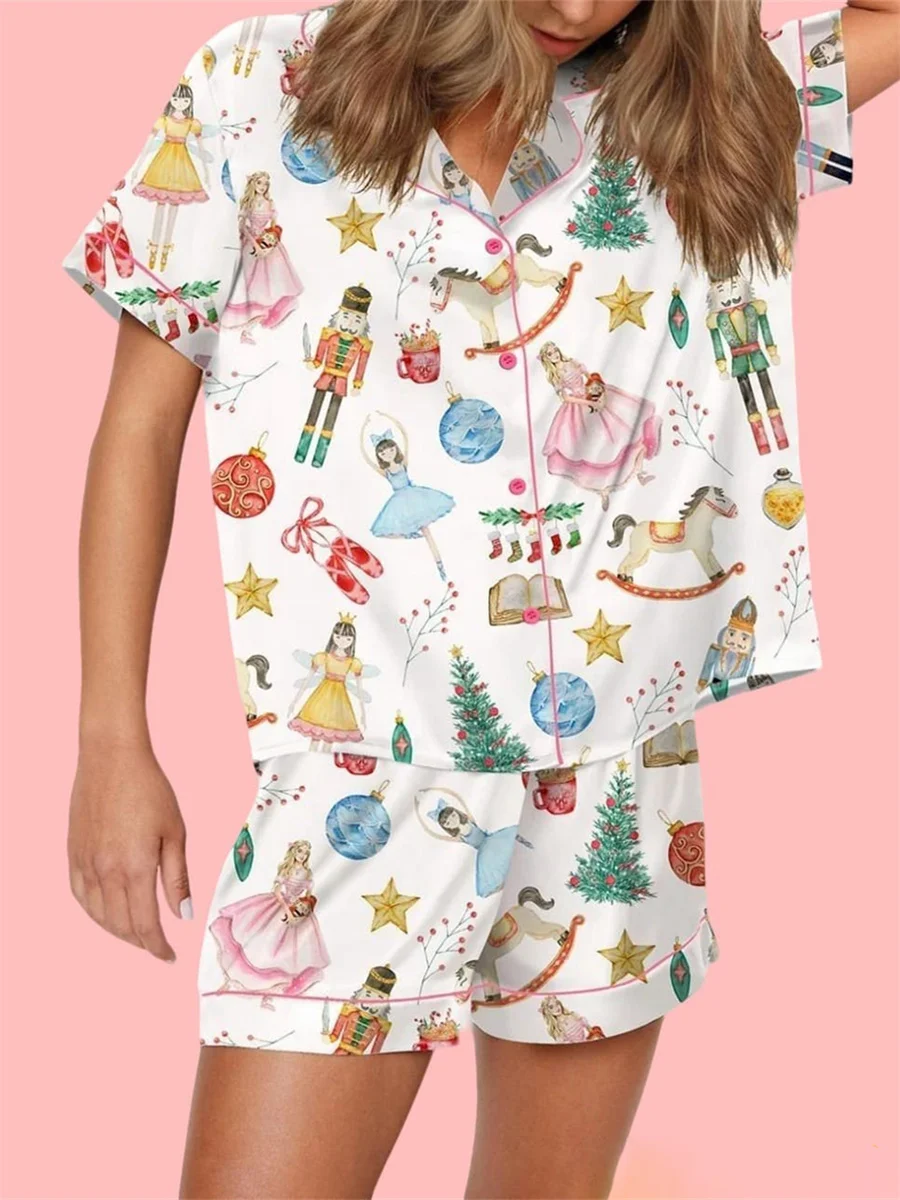 Women Halloween Print Satin Pajama Set Short Sleeve Button Closure Top with Shorts 2 Pieces Sleepwear Loungewear