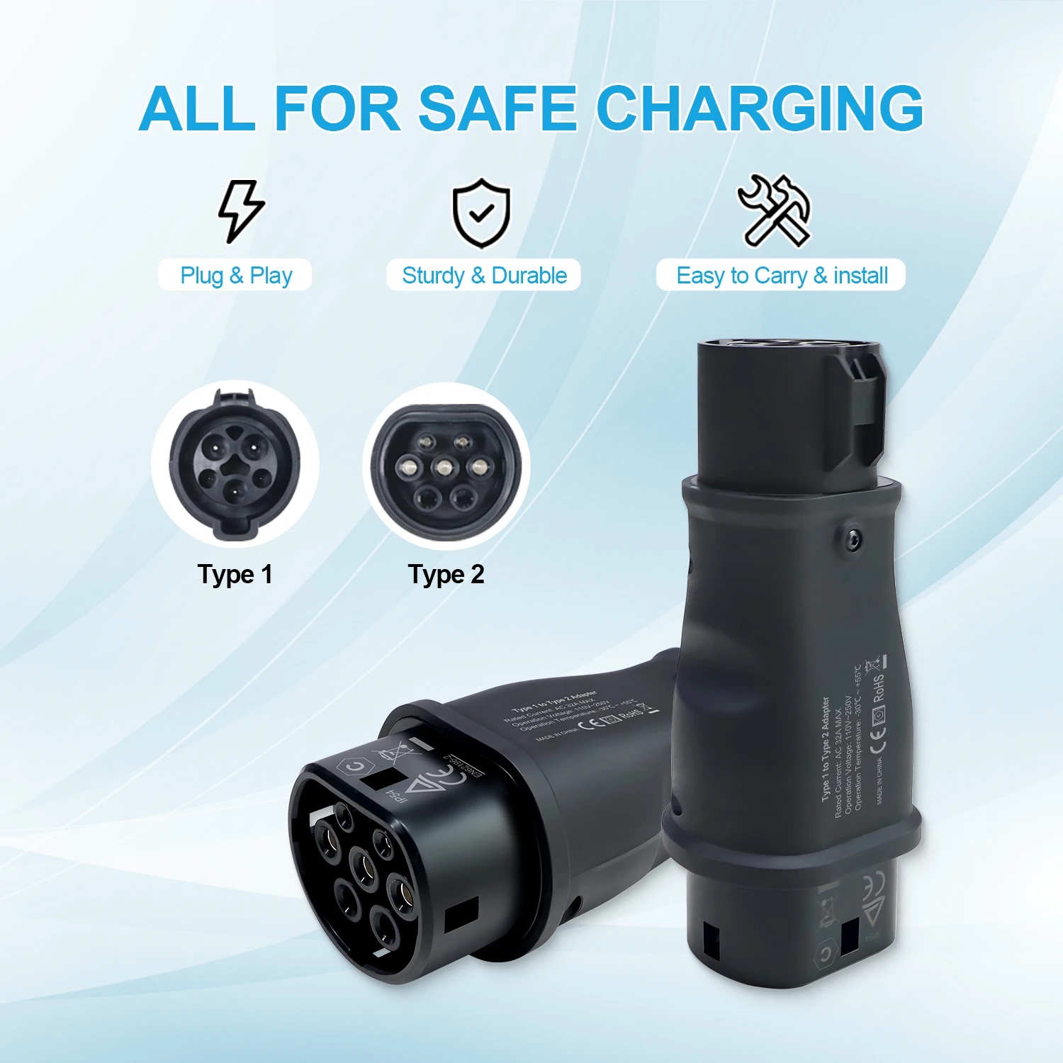 Kolanky EV Charging Adapter 32A 7.2KW Type 1 To Type 2 Adaptor For Electric Vehicle Cars EU 2 Socket