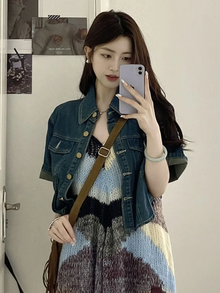 

Retro Hong Kong Style Short Coat Women's 2023 Summer Blue Short Sleeve Denim Coat Loose Relaxed Fashion Jacket Top