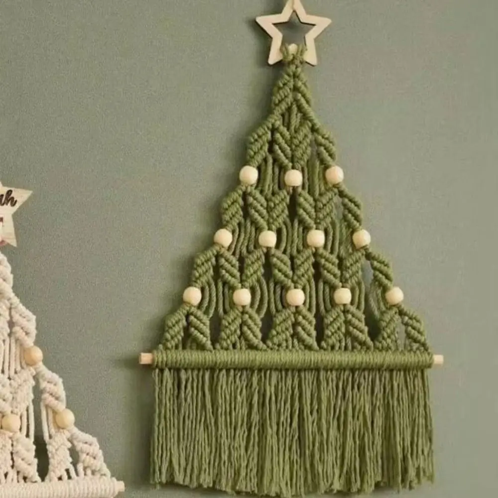 Boho Decor Woven Christmas Tree Macrame Tapestry Aesthetic Tassel Wall Hanging Pendant Decorative Art Cotton Rope Tapestry Hotel