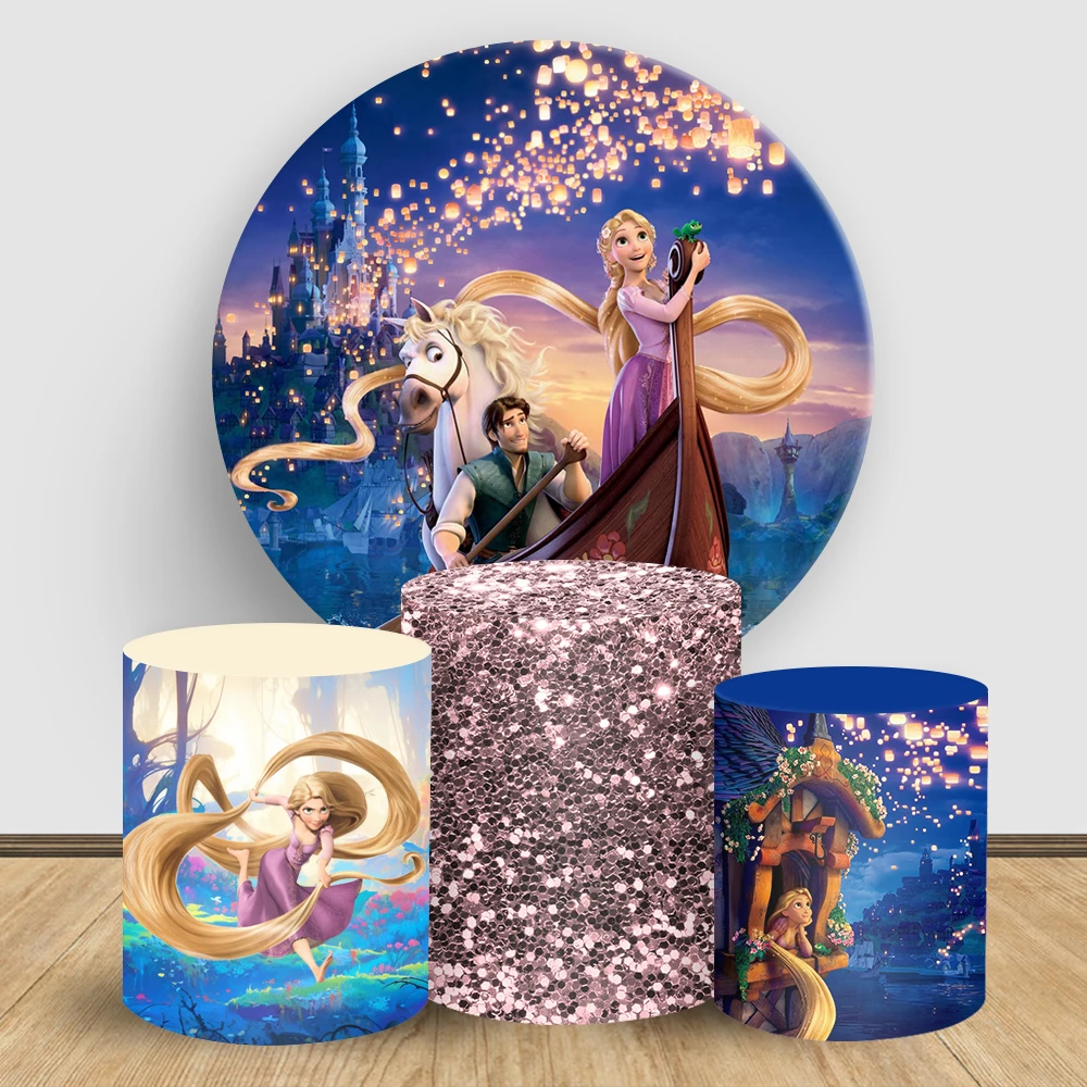 

Disney Princess Rapunzel Design Circle Round Backdrop Cover & Cylinder Covers Baby Shower for Party Decoration Photo Background