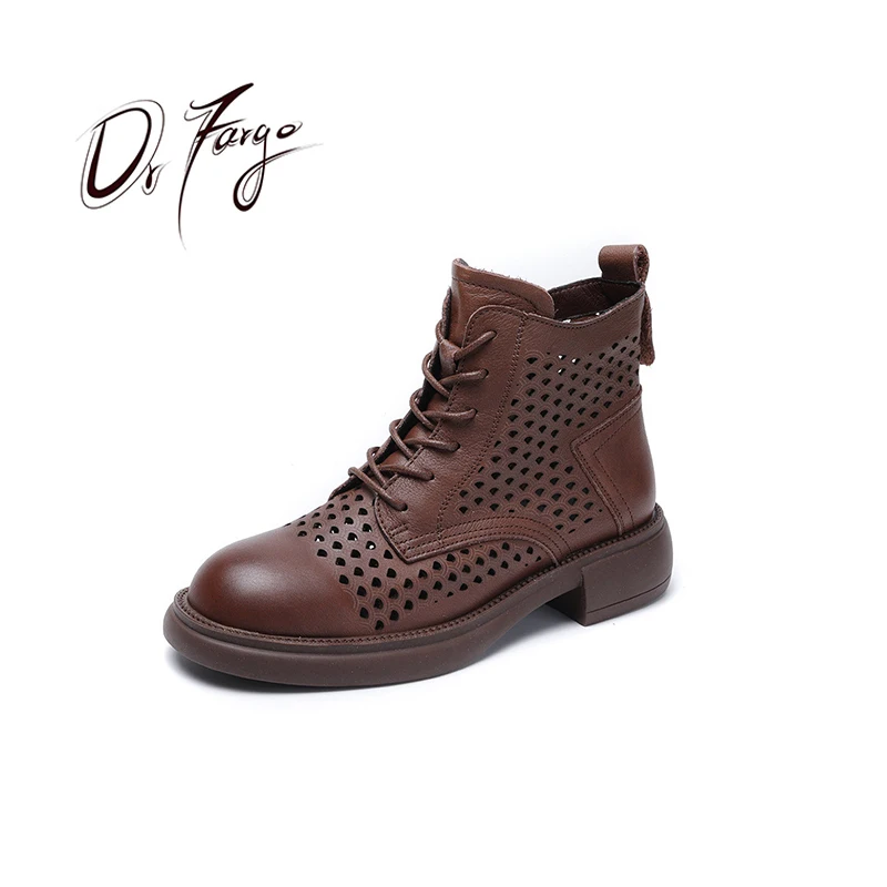

DRFARGO Summer New Women's Hollow Out Ankle Boots Genuine Leather Shoes Woman Med Square Heel Boot Ladies Side zipper Black Shoe