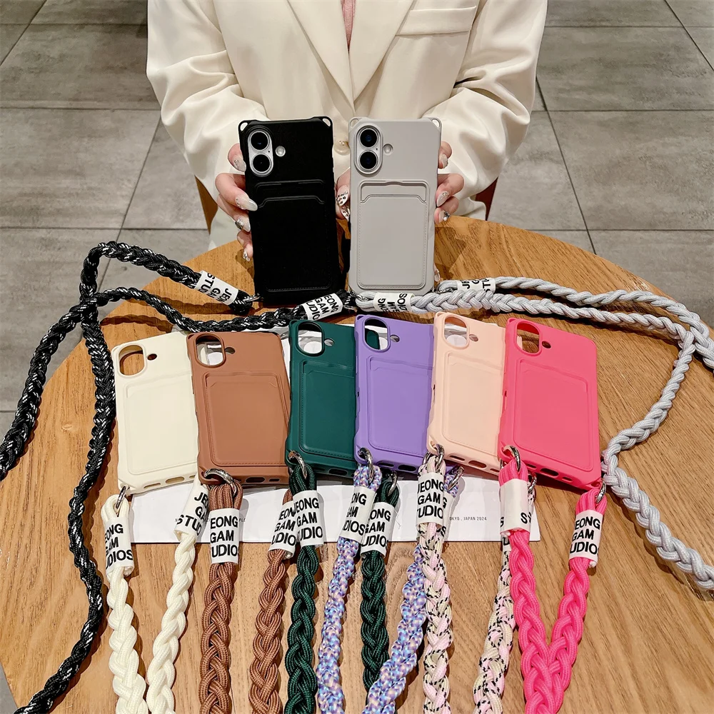 Braided Crossbody Strap Lanyard Phone Case with Wallet Card Holder and Silicone Cover