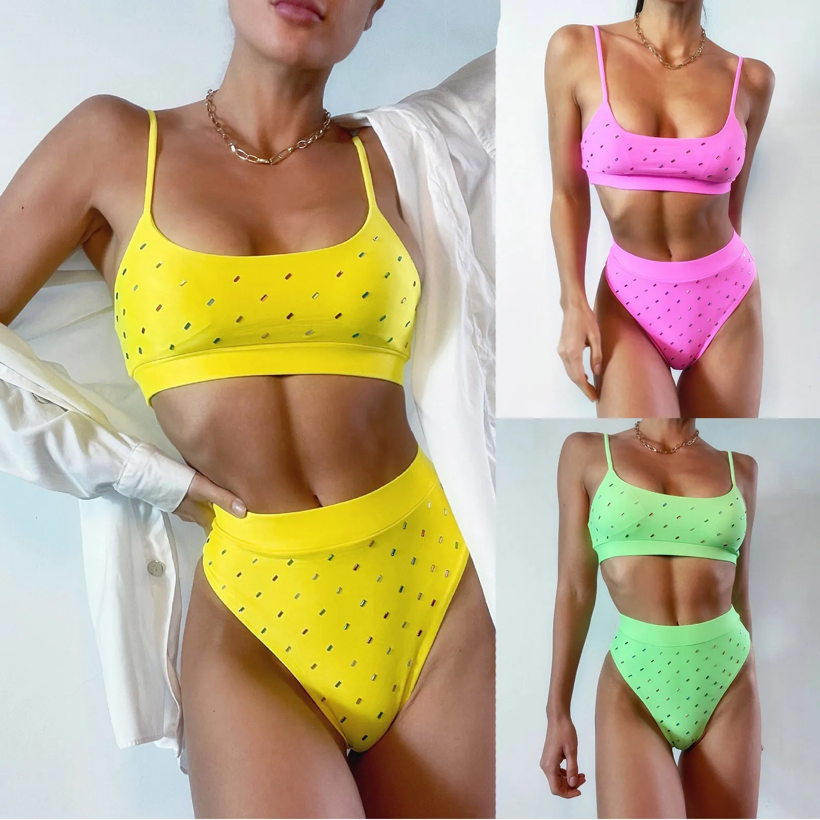 Fashion Sport Women Bikini Set Solid Yellow Print Female Swimming Suit Summer Cool High Waist Backless Lady Bathing |