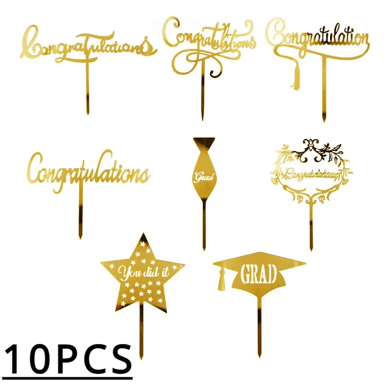 

10pcs Gold Congratulations You Did It Grad Cake Topper Graduation Celebration Decoration Party Supplies Baking Accessories