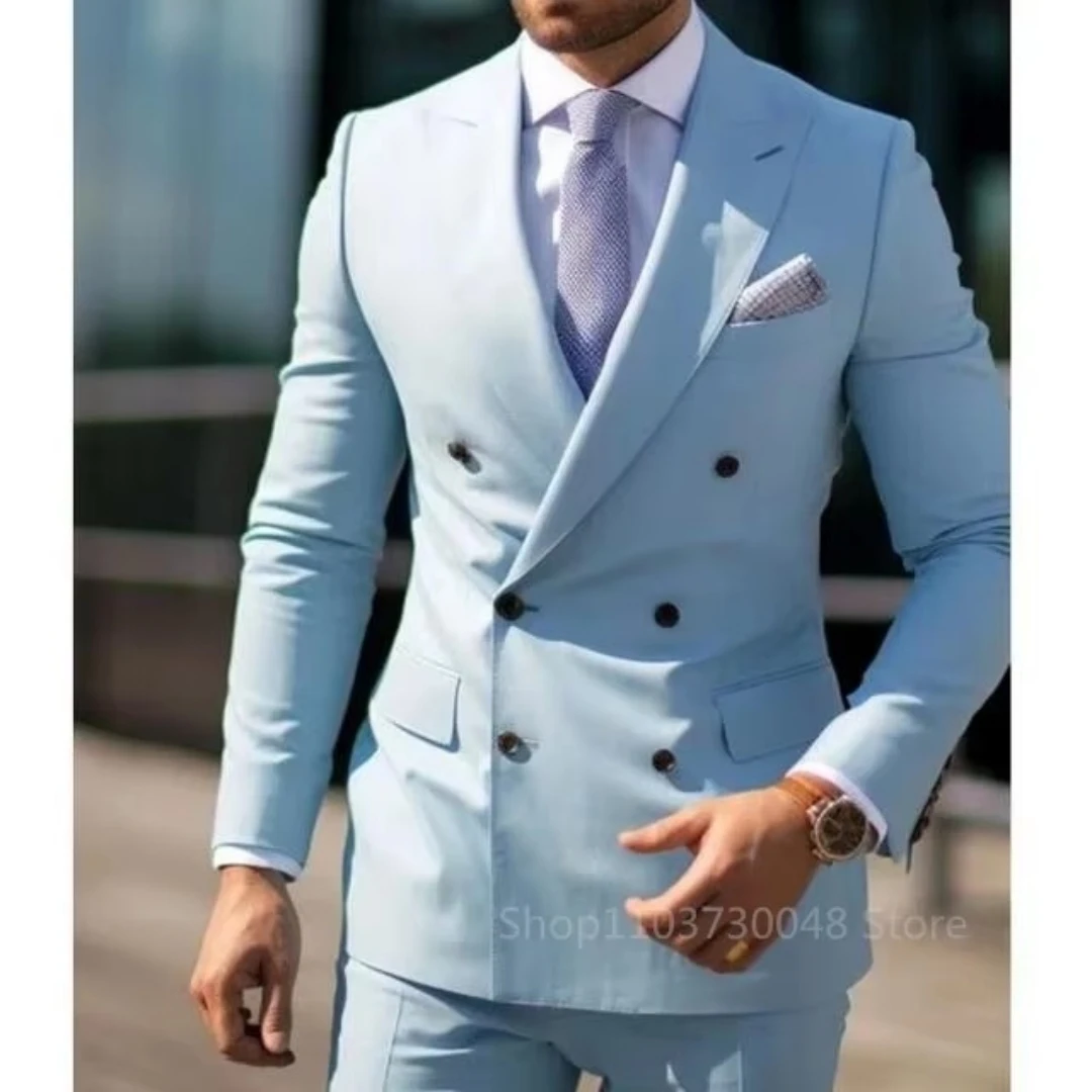 Men's Solid Formal Business Wedding Groom Suits 2-Piece Set Peak Lapel Double Breasted Blazer Trousers Set for Party Prom