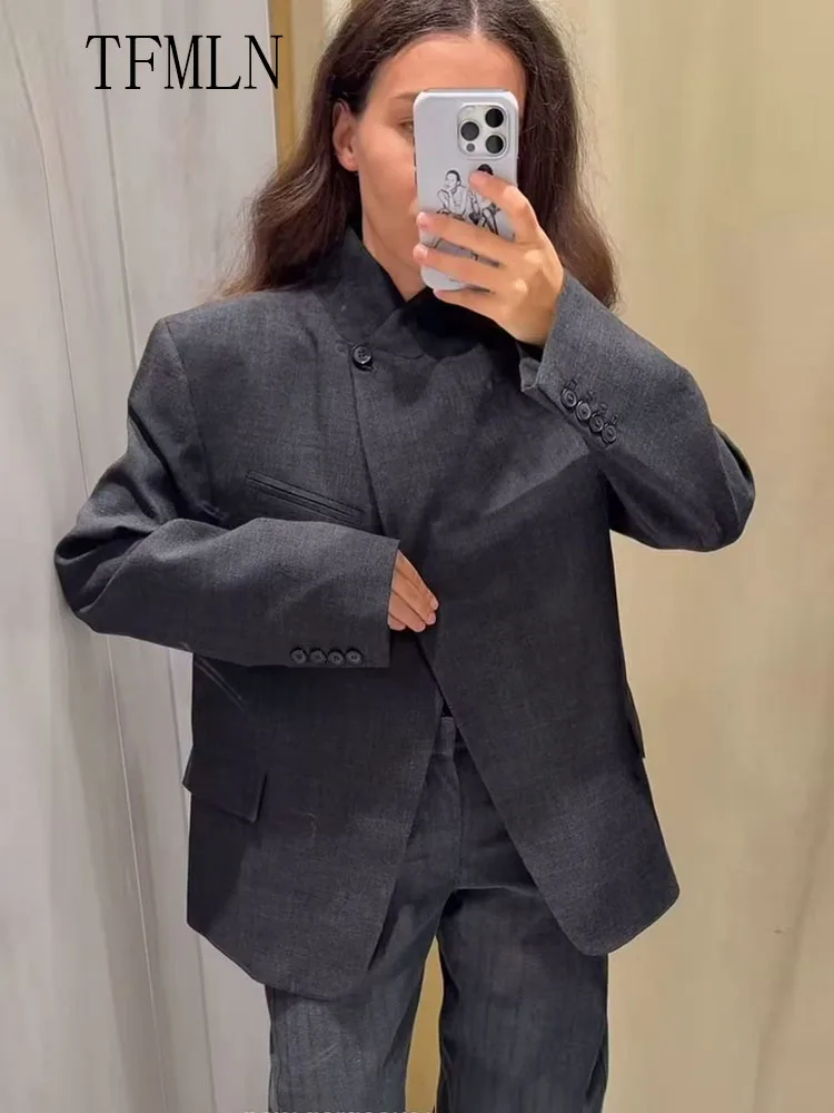 Fashion Women Loose Blazer Jackets 2025 Autumn Office Ladies Single Button Pockets Chic Coats Retro Long Sleeve Asymmetrical Top