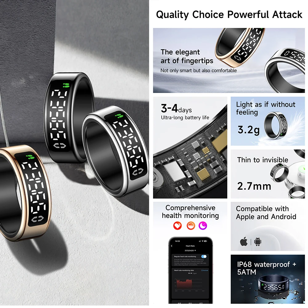 SY01 Men Women Smart Ring Smart Display Stainless Steel IP68 5ATM Waterproof Heart Rate Blood Oxygen Monitor Fashion Finger Ring 5