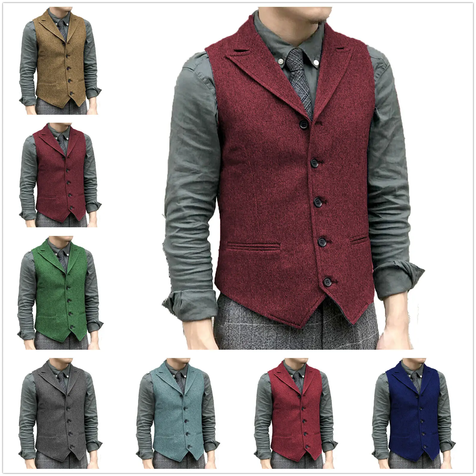 Men's Tweed Vest Groomsman Vest Retro Herringbone Wool Point Collar