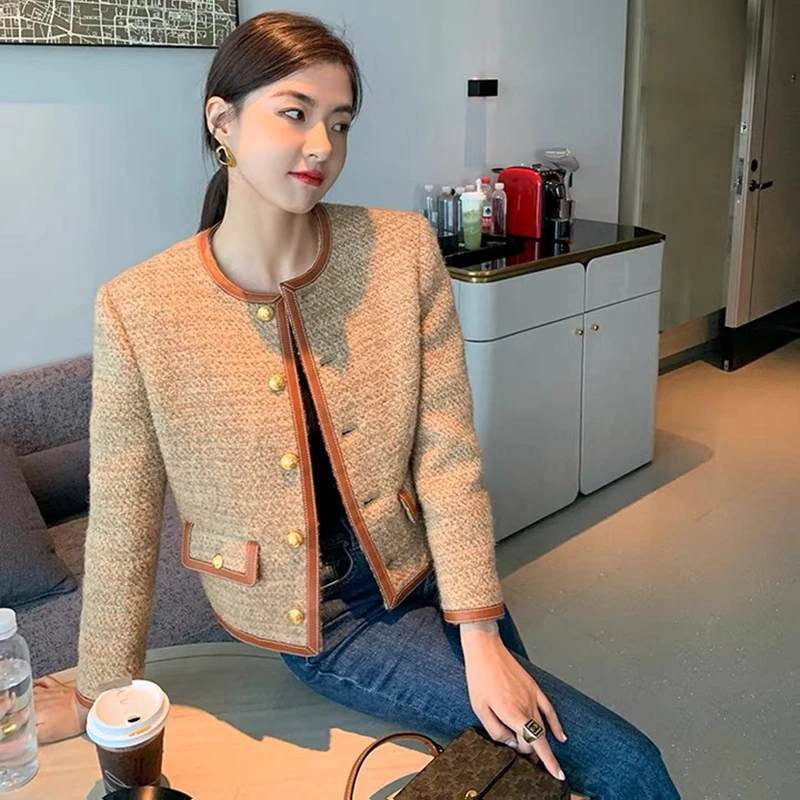 2025 Autumn New French Vintage Single-Breasted Tweed Cropped