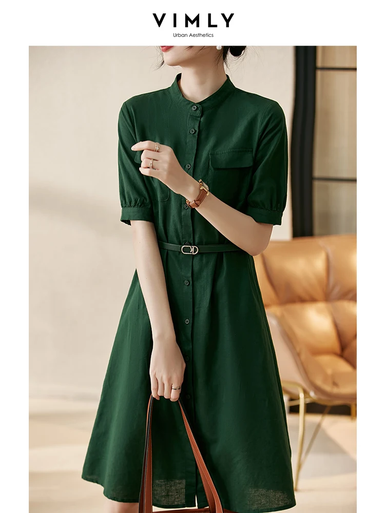 vimly-green-linen-summer-shirt-dress-for-women-2023-solid-belt-waist-slim-short-puff-sleeve-a-line-button-fashion-vintage-dress