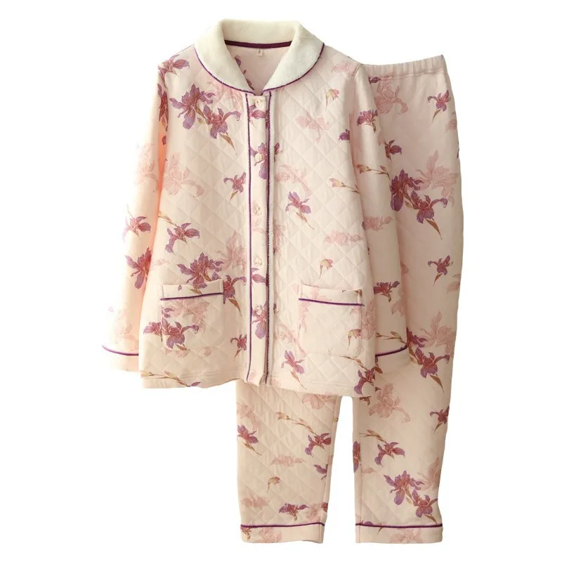 Pajama women's autumn and winter air cotton, pure cotton, winter cotton clip, new thickened and loose fitting home clothing set