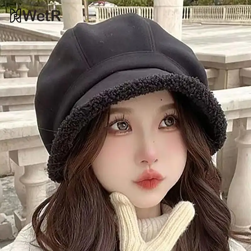 여성용 베레모 모자, 팔각형 모자, 레트로 단색 벨벳, 뉴스보이 캡, 여성 버킷햇, 신제품