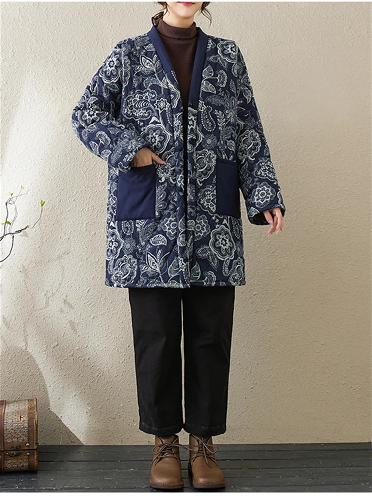 Ethnic Style Cotton Women Winter Vintage Single Breasted Coat Casual Loose Long Blue Floral Elegant Ladies New Jacket Outerwear