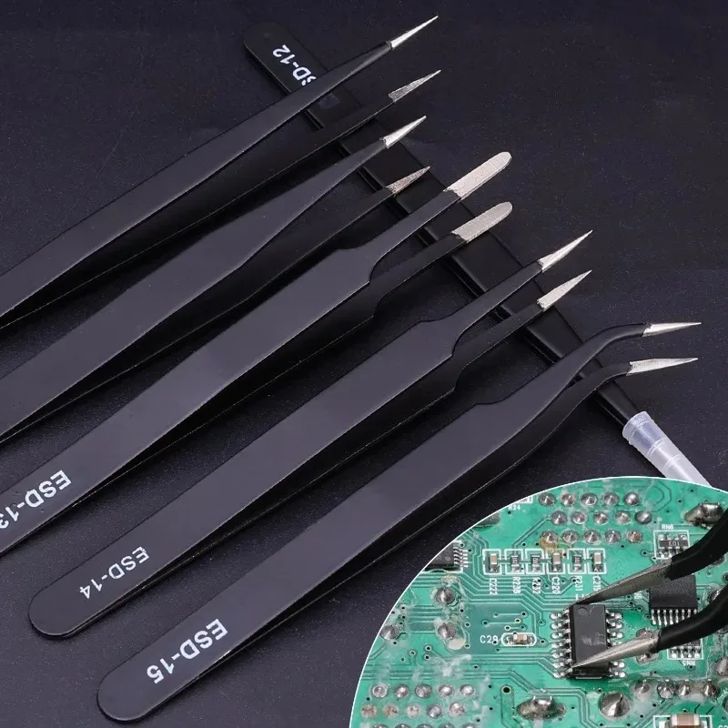 ESD Anti-Static Stainless Steel Tweezers Precision Maintenance Industrial Electronic Repair Tool Home Model Making Hand Tools