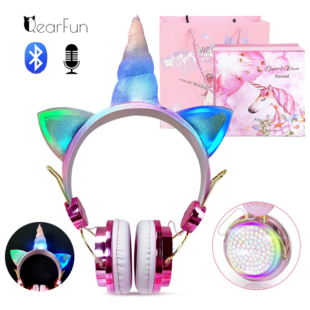 Bonito Unicórnio Brilhante Fones de Ouvido para Crianças sem Fio Fones com Microfone Estéreo Música Telefone Fone de Ouvido Crianças Presente
