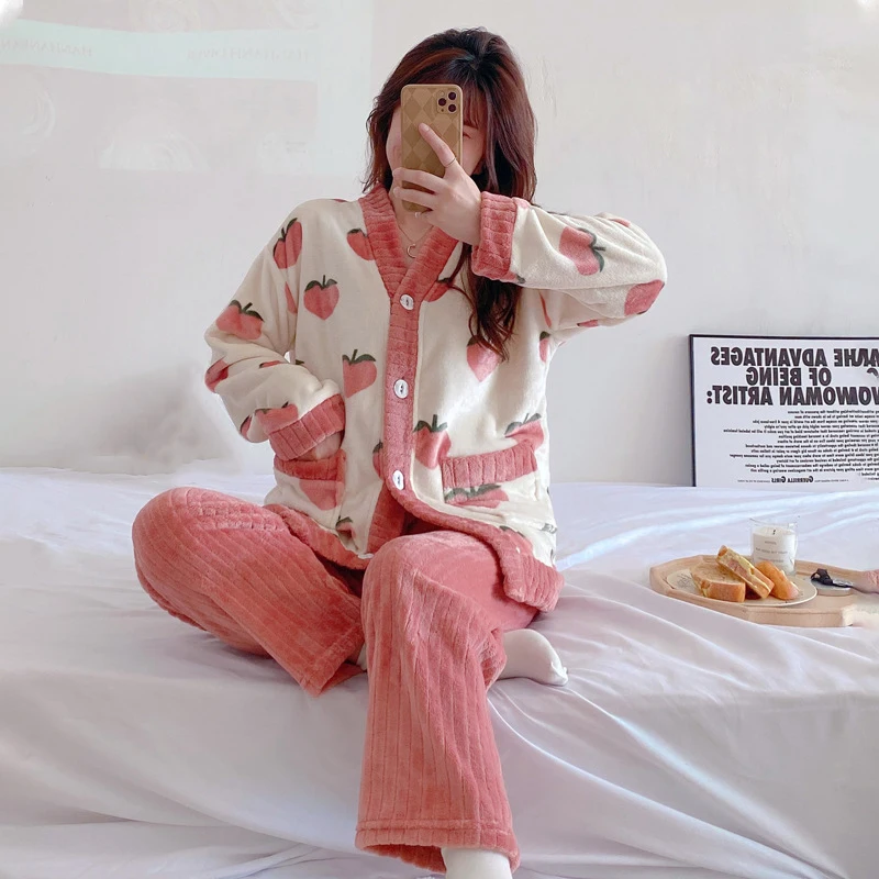 

Ladies Sleepwear Autumn Winter Warm Flannel Pajamas Set Women's Sweet Cute Long Sleeve Homewear Two Piece Set Pajama M-5XL
