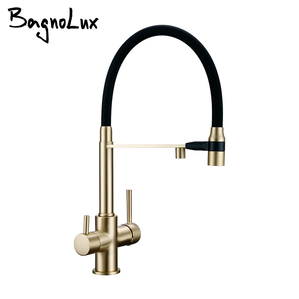 Brushed Gold Kitchen Faucet Brass 3 Ways Sink Mixer Black Hose Mount