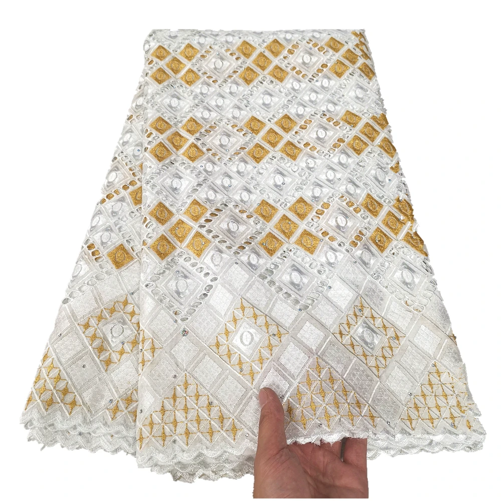

Embroidered Swiss Voile Lace, African Lace Fabric for Dress Garment, White and Gold, 5 Yards
