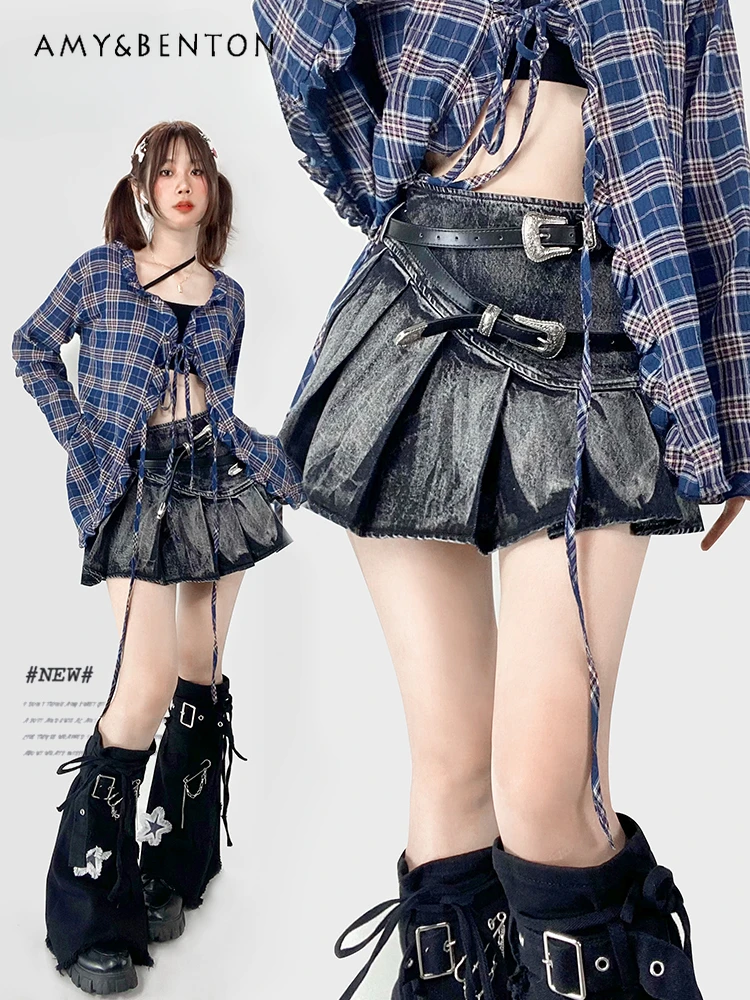 

Subculture Y2K Hot Girl Black Denim Pleated Skirt Women Summer New Street Tie-Dyed High Waist Slim Mini Skirt Goth A-line Skirts