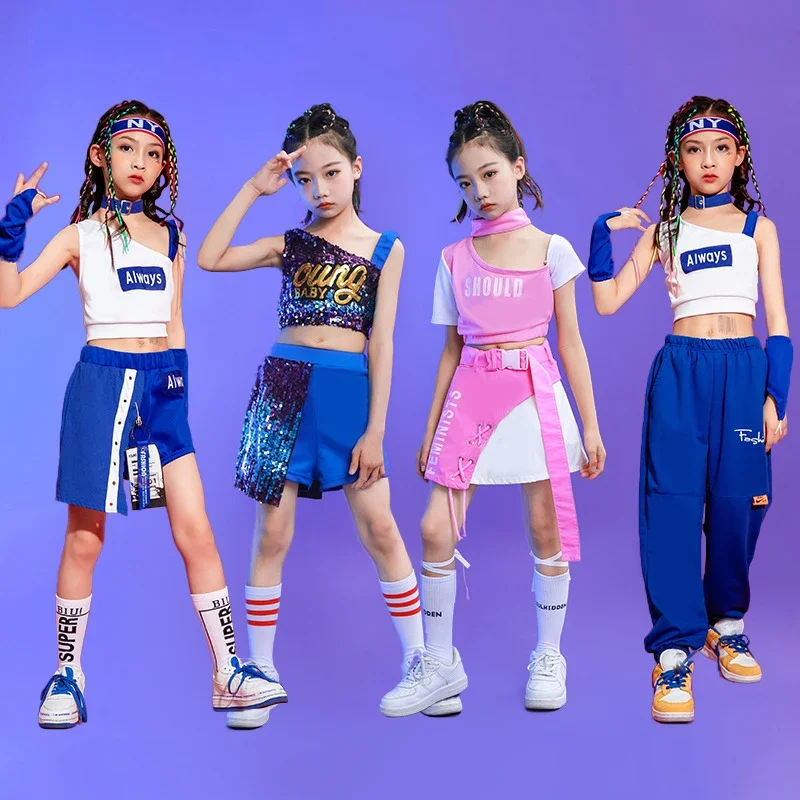 

Girls Sequins Tops Shorts Kids Jazz Hip Hop Clothing Street Dance Outfit Fashion Cheerleading Stage Performance Costumes