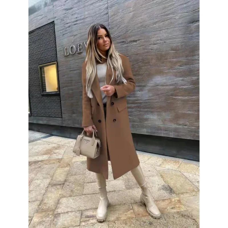 Autumn Women's Long Woolen Coat Retro Fashion Women's  Long Sleeve  Blue Casual Winter Street Wear Loose Coat