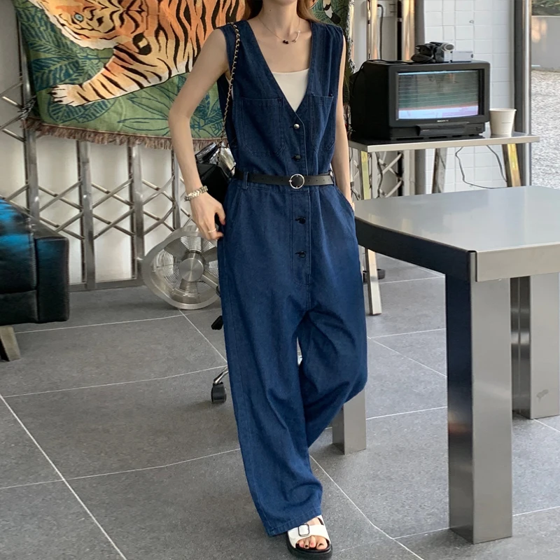 

Johnature Casual Korean New V-neck Sleeveless Denim Jumpsuits 2024 Summer Loose Button Full Length Pockets Women Bodysuits