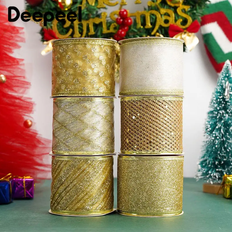 

1Set(6Rolls) 63mm Gold Wired Ribbon for Christmas Decorations Dusting Lace Trim DIY Party Wrapping Bows Festival Gift Packing