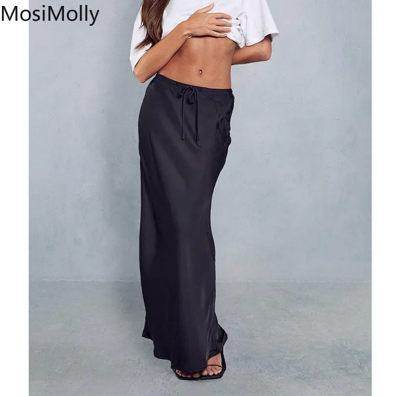OL Skirt Satin Women 2024 Drawstring Tie Long Skirt A line Bottom Skirt