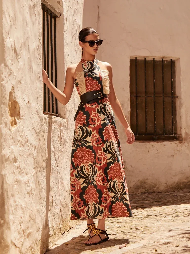 홀터 태슬 슬림 롱 로브 여성용 프린트 백리스 민소매 맥시 원피스 패션, 2024 여름 레이디 파티 이브닝 드레스 