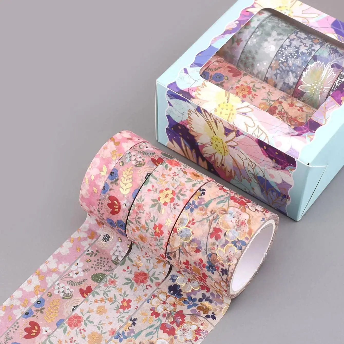 9롤/박스 절묘한 꽃무늬 와시 테이프, 금박 공예, DIY 선물 포장, 노트북 장식 재료