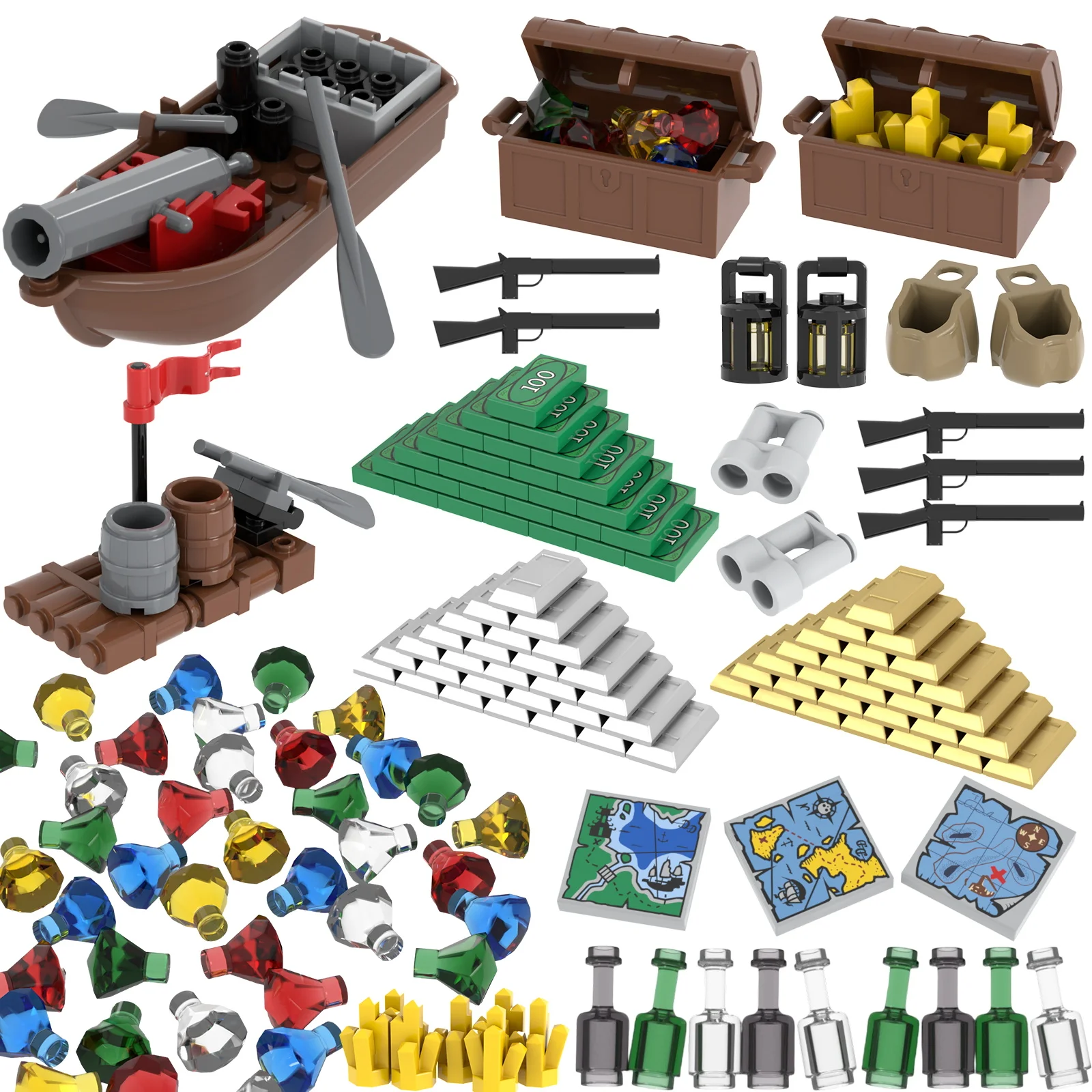 Kit Briques Aventure Pirate: Bateau, Trésors, Cartes & Accessoires