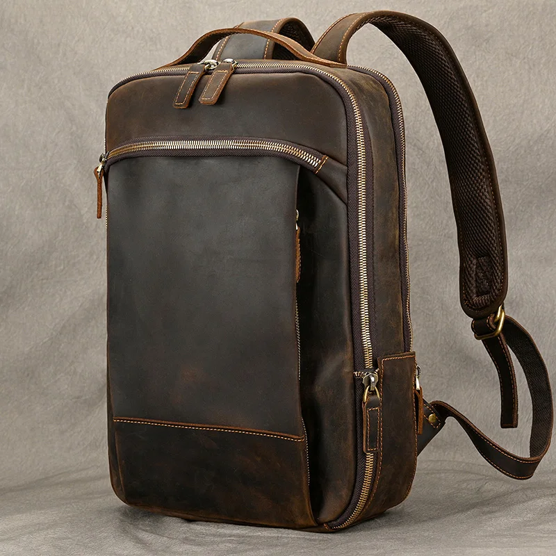 2024Vintage Travel Backpack leather double zipper bagpack male crazy horse leather backpack handmade leather travel bag men bag