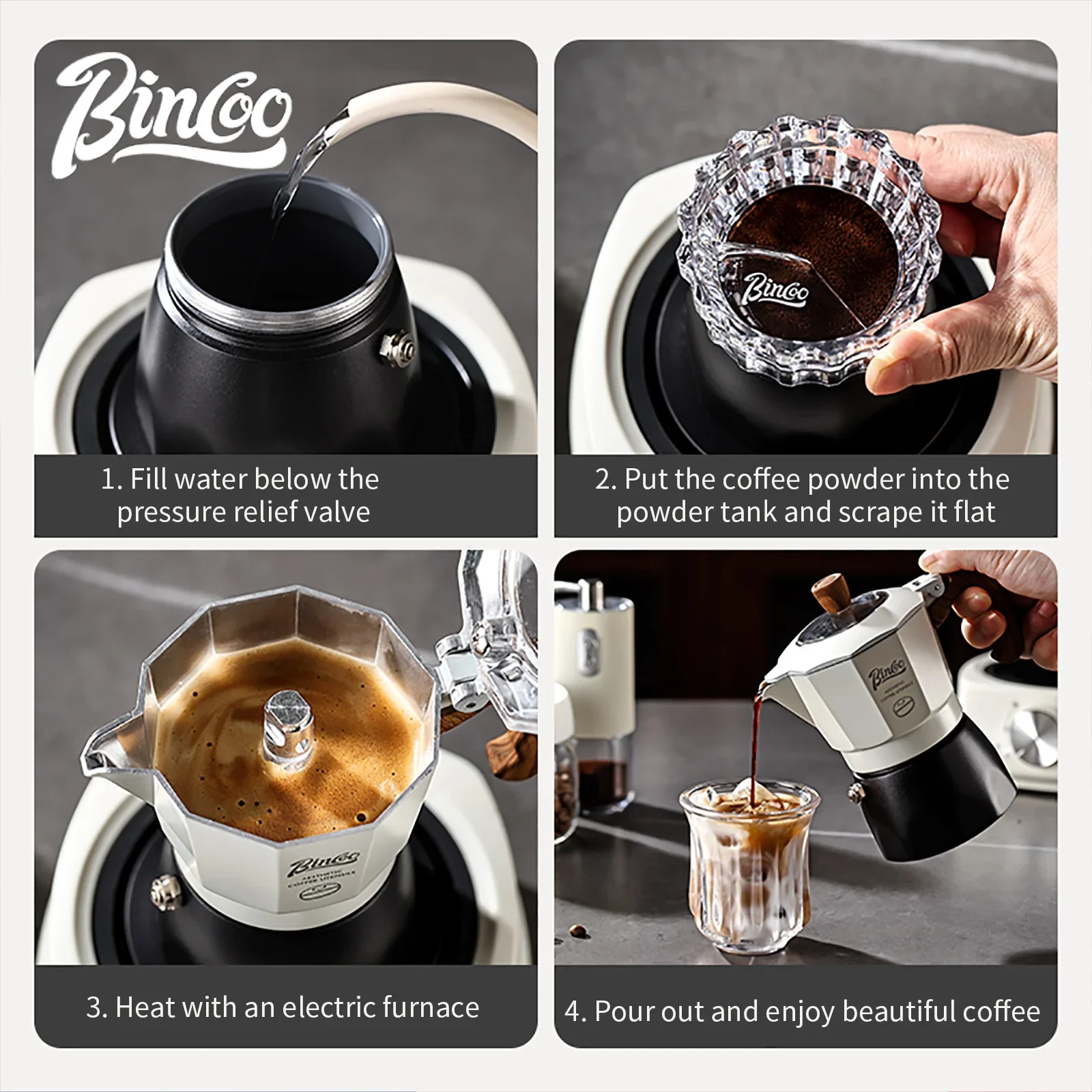 طقم وعاء وسخان Bincoo Moka، ضغط صمام مزدوج، صانع ا...