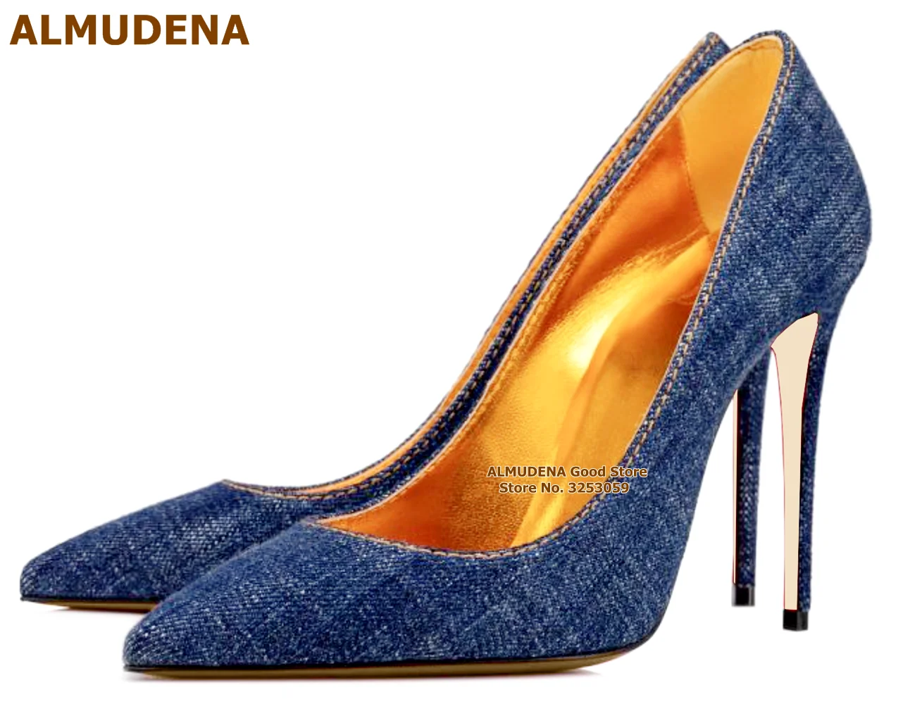 

ALMUDENA Blue Denim Stiletto Heel Slip-on Dress Shoes 12cm 10cm 8cm Pointed Toe Shallow Jeans Footwear Daily Nice Pumps Size45